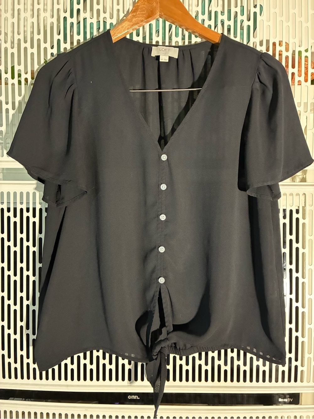 LOFT Black Button-Front Tie Hem Short Sleeve Blouse